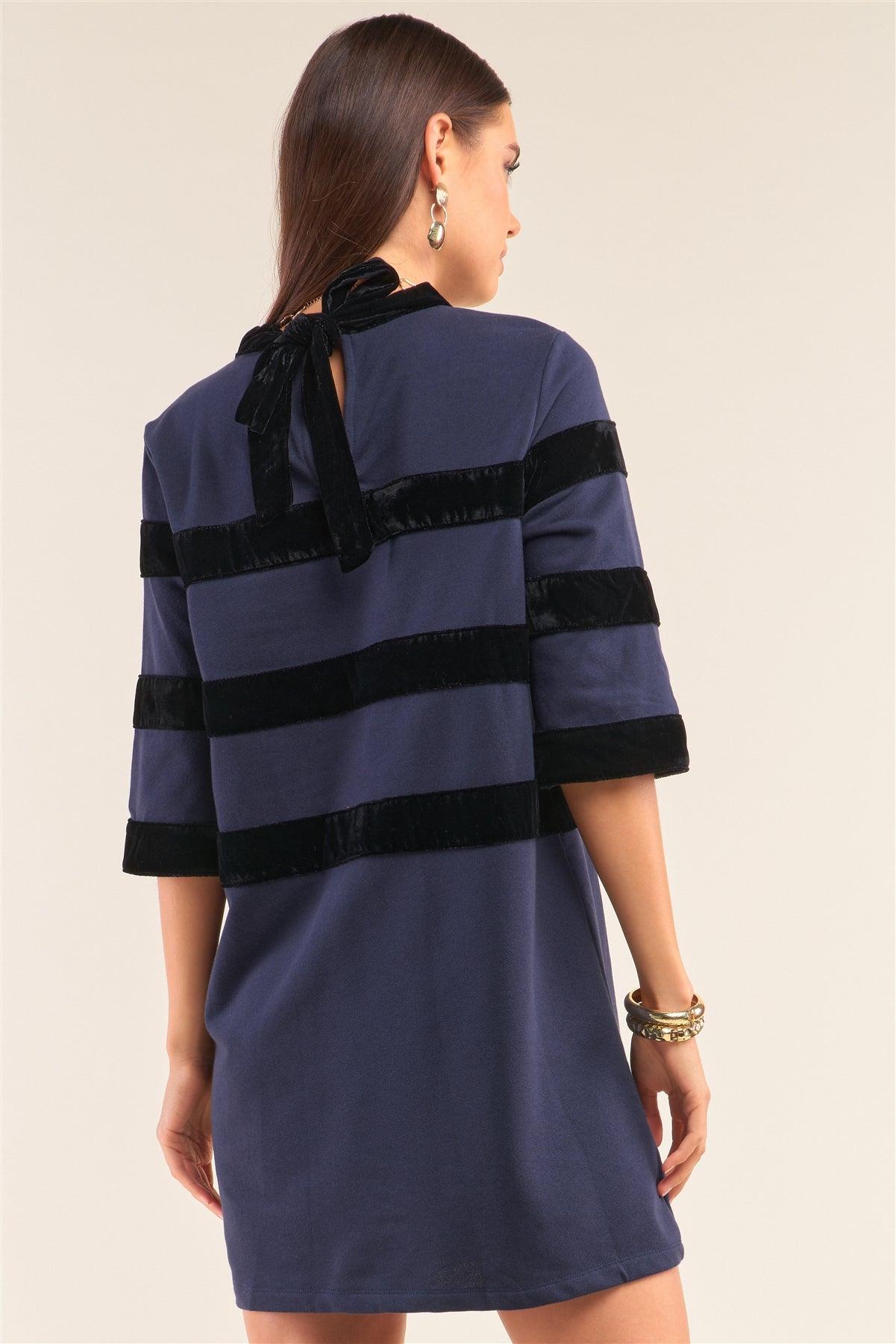 Navy Contrast Velvet Round Neck Open Back Self-Tie Keyhole 3/4 Sleeve Mini Dress /1-2-2-1