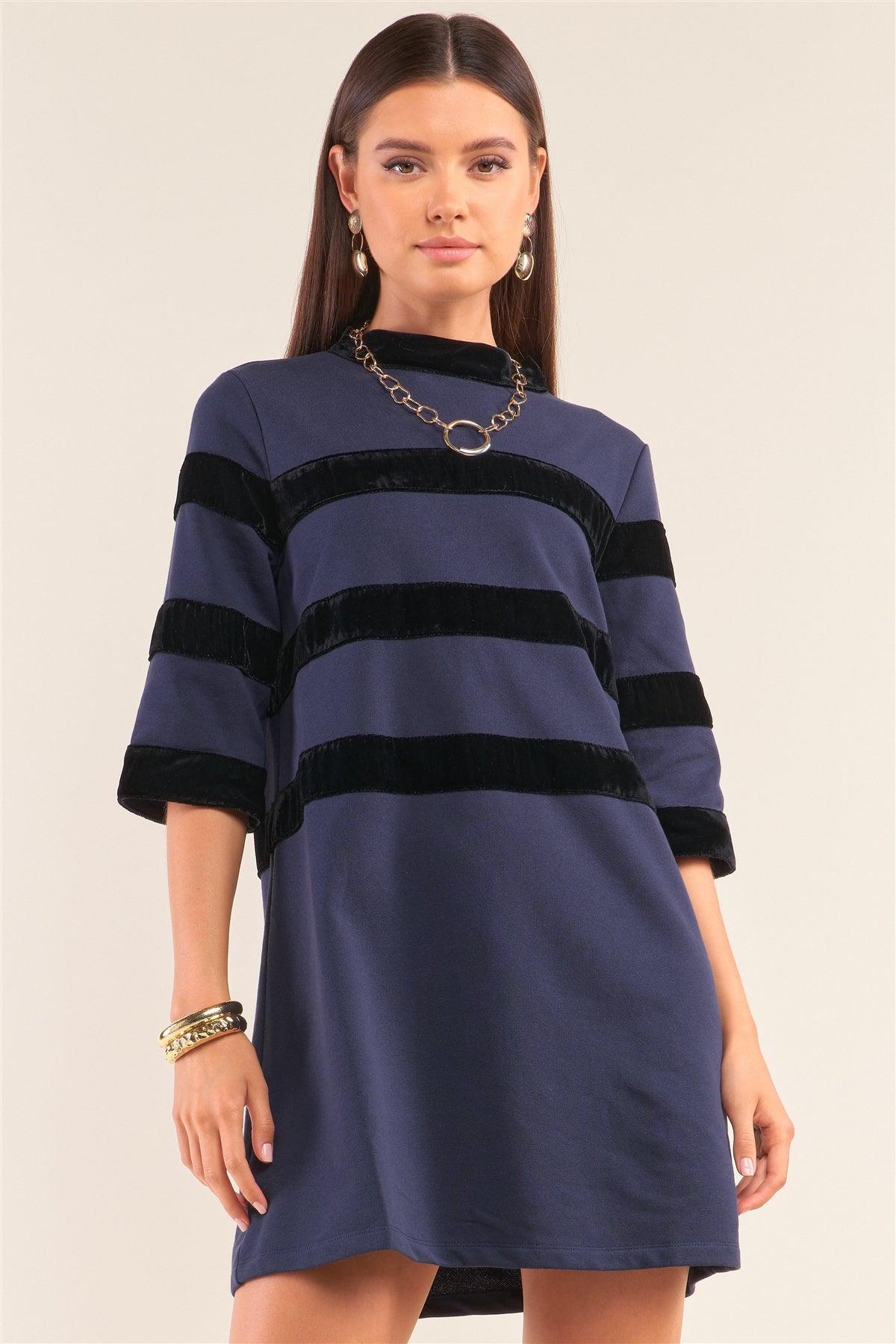 Navy Contrast Velvet Round Neck Open Back Self-Tie Keyhole 3/4 Sleeve Mini Dress /1-2-2-1