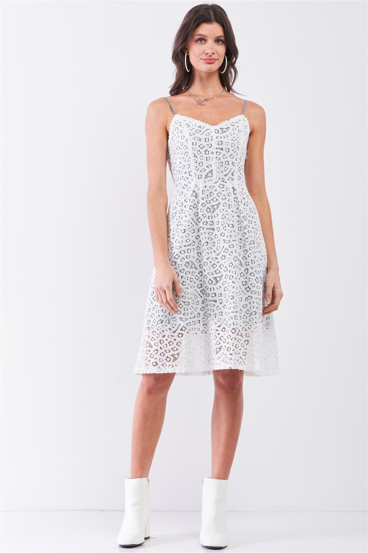 White Crochet Sleeveless Soft V-Neck Double Lined With White & Navy Mini Dress /1-2-2-1