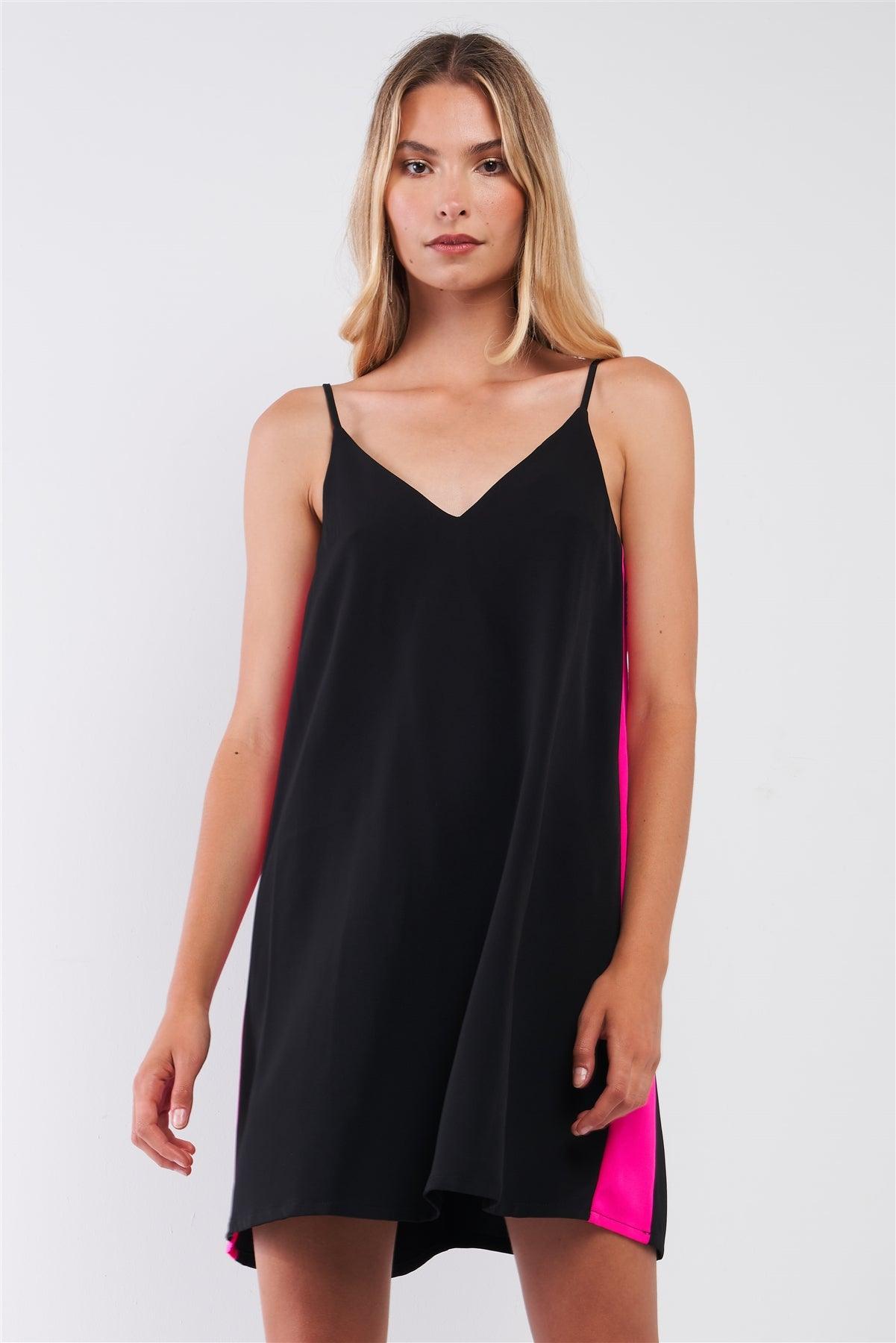 Black & Pink Sleeveless V-Neck Side Stripe Detail Relaxed Mini Dress