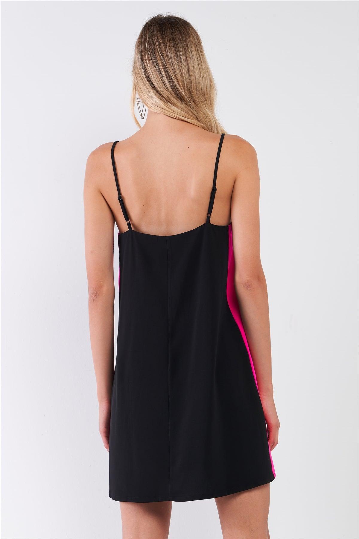 Black & Pink Sleeveless V-Neck Side Stripe Detail Relaxed Mini Dress