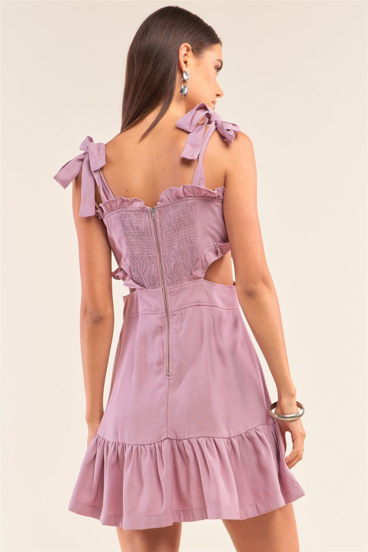 Dusty Lavender Sleeveless Ruffle Hem Cut-Out Detail Smock Back Flare Mini Dress /2-2-1