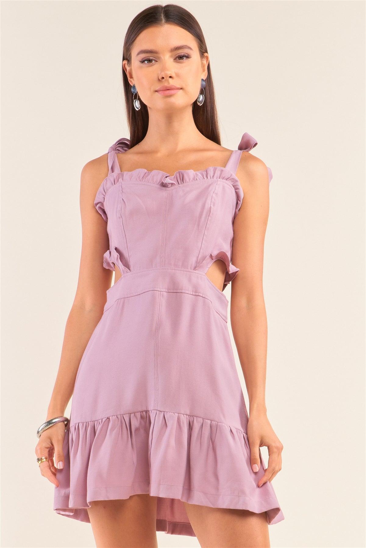 Dusty Lavender Sleeveless Ruffle Hem Cut-Out Detail Smock Back Flare Mini Dress /2-2-1