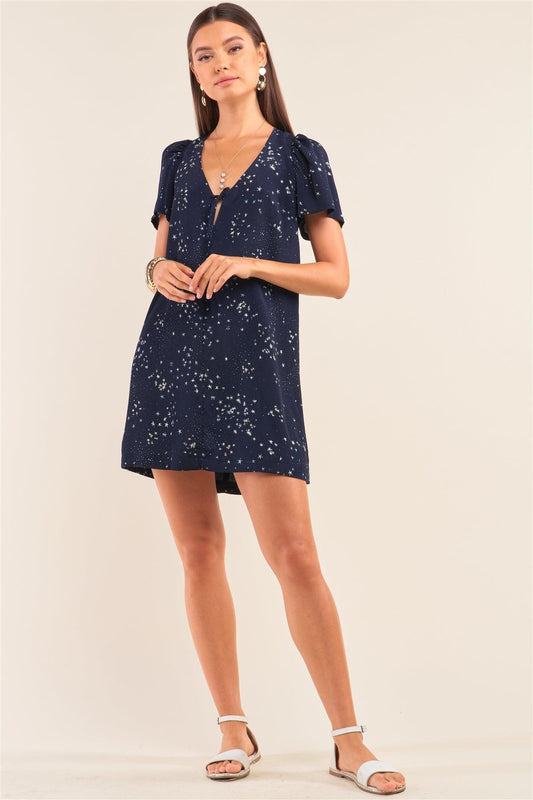 Make A Wish Navy Blue Star Print Loose Fit Self-Tie Front And Back Deep Plunge V-Neck Mini Dress /1-2-2