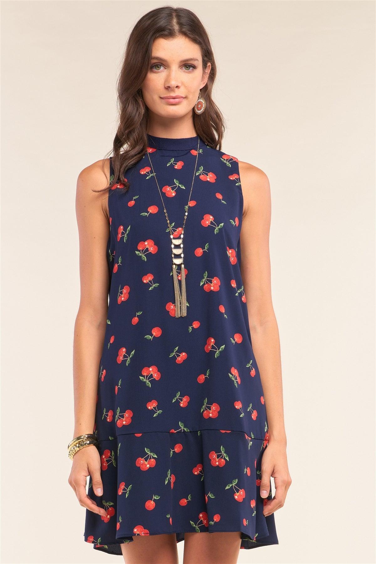 Very Cherry Day Navy Cherry Print Sleeveless Relaxed Fit Knit Self-Tie Neck Detail Flare Hem Mini Dress /1-2-2-1