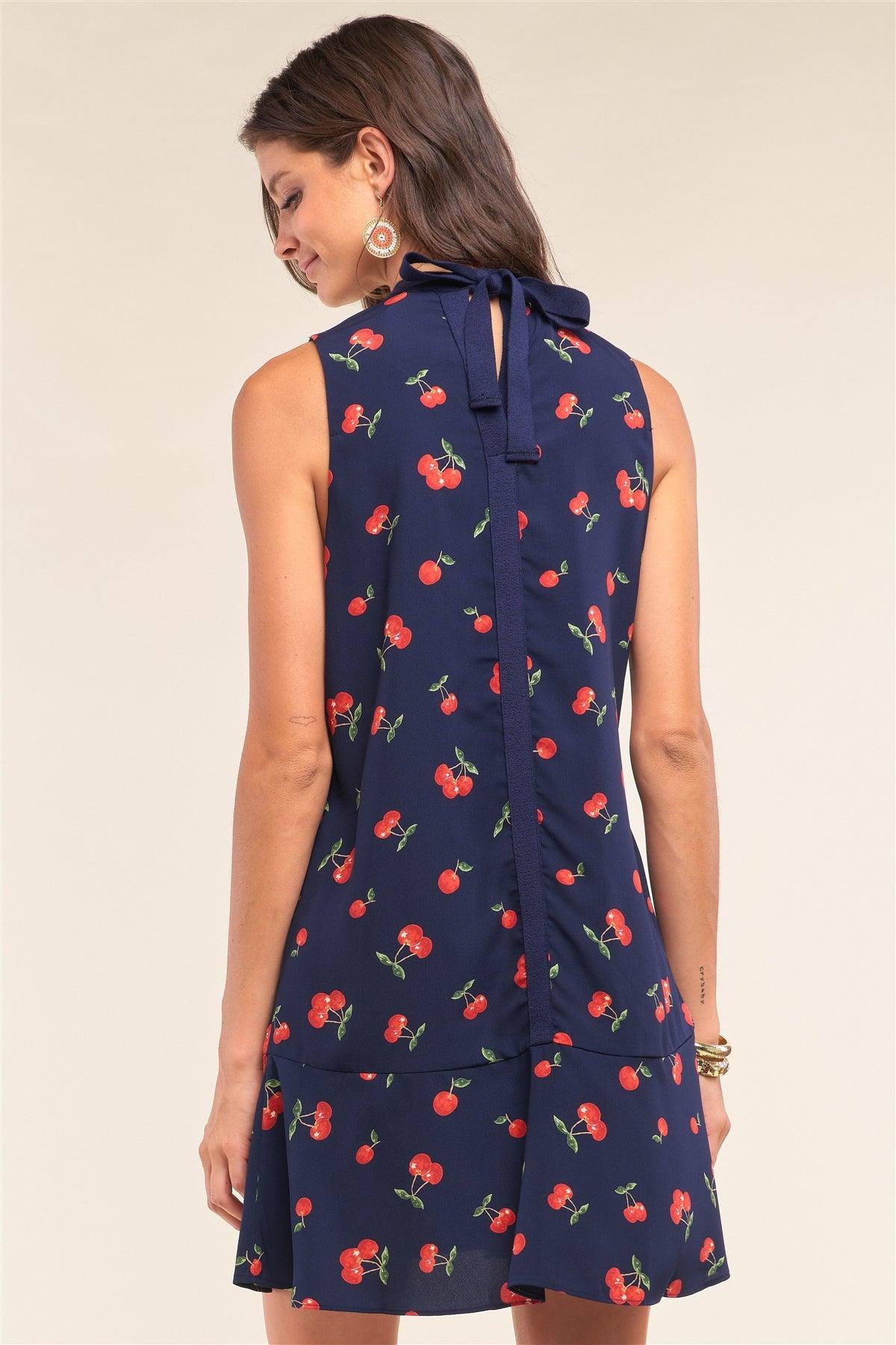 Very Cherry Day Navy Cherry Print Sleeveless Relaxed Fit Knit Self-Tie Neck Detail Flare Hem Mini Dress /1-2-2-1