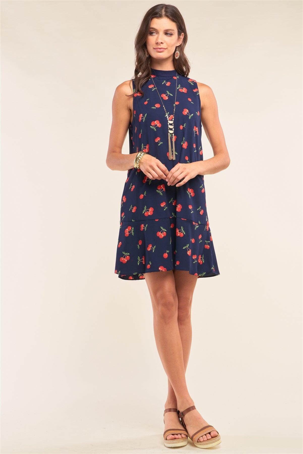 Very Cherry Day Navy Cherry Print Sleeveless Relaxed Fit Knit Self-Tie Neck Detail Flare Hem Mini Dress /1-2-2-1