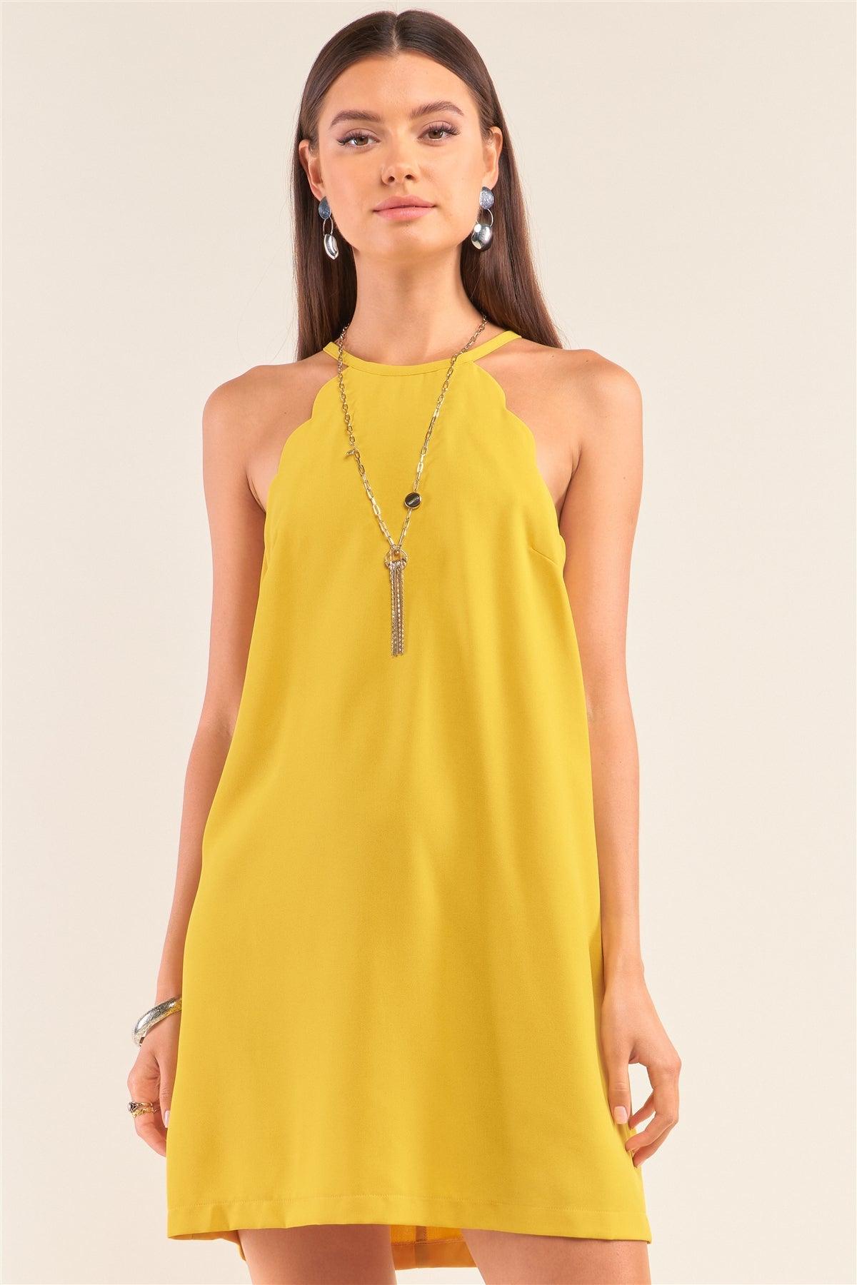 Yellow Sunflower Halter Neck Scallop Detail Mini Dress /1-2-2-1