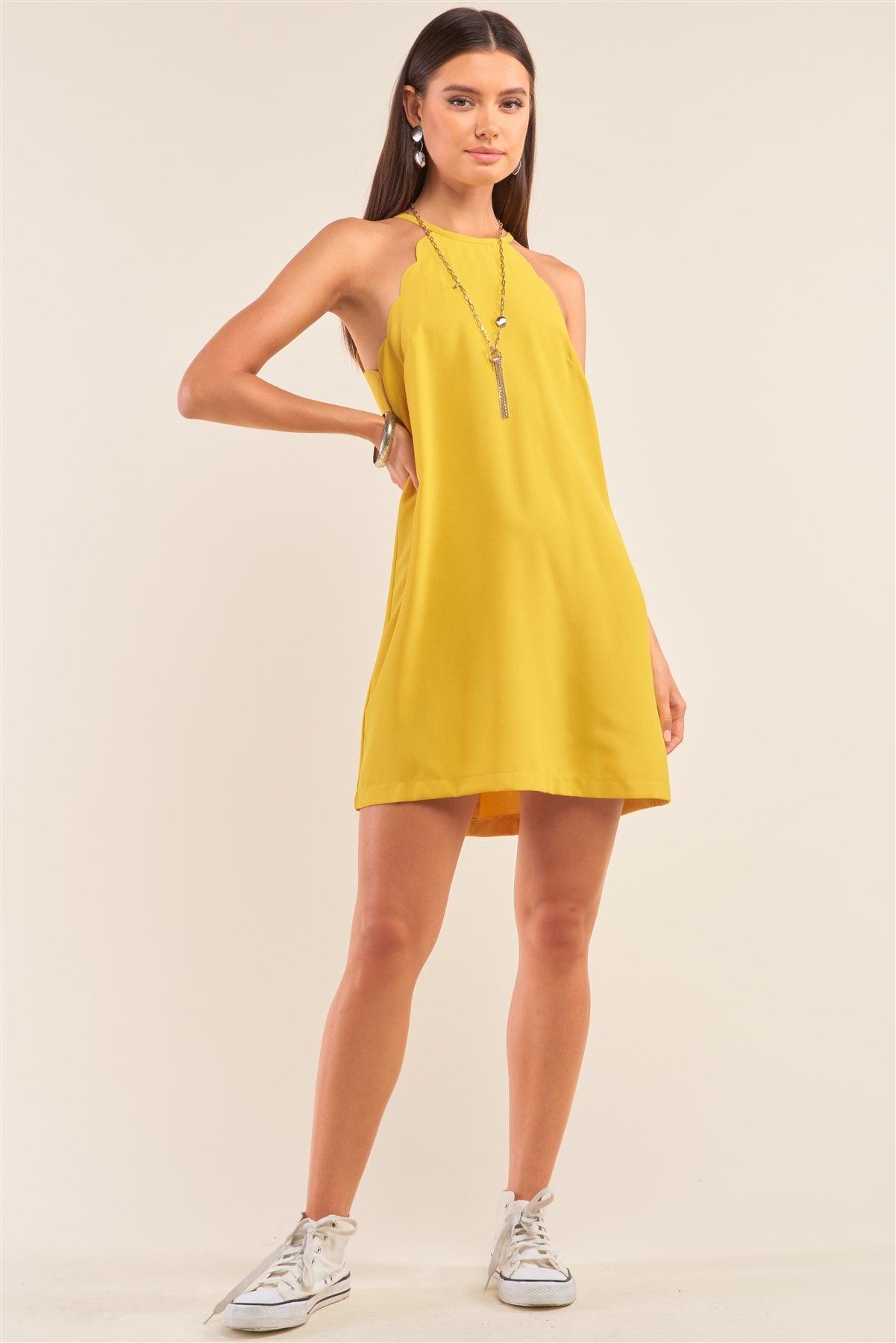 Yellow Sunflower Halter Neck Scallop Detail Mini Dress /1-2-2-1