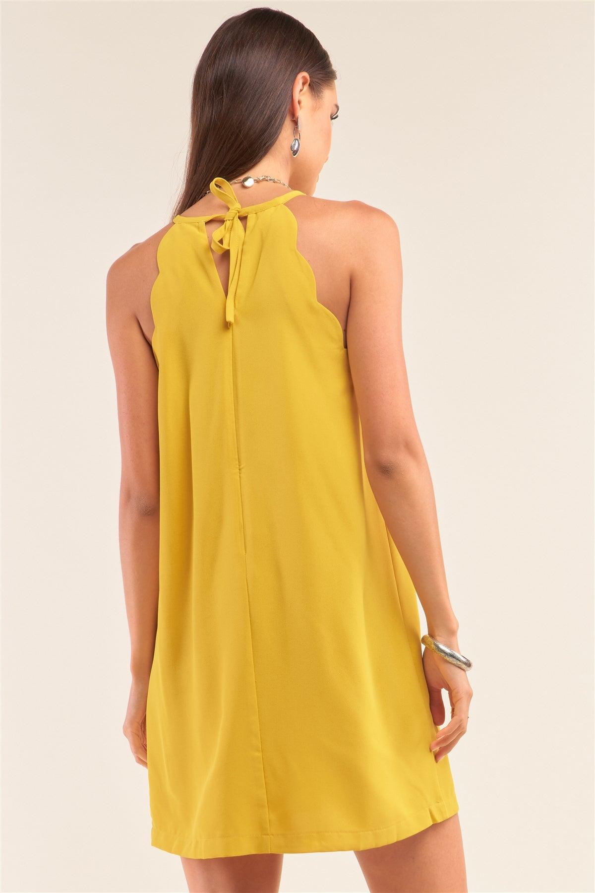 Yellow Sunflower Halter Neck Scallop Detail Mini Dress /1-2-2-1