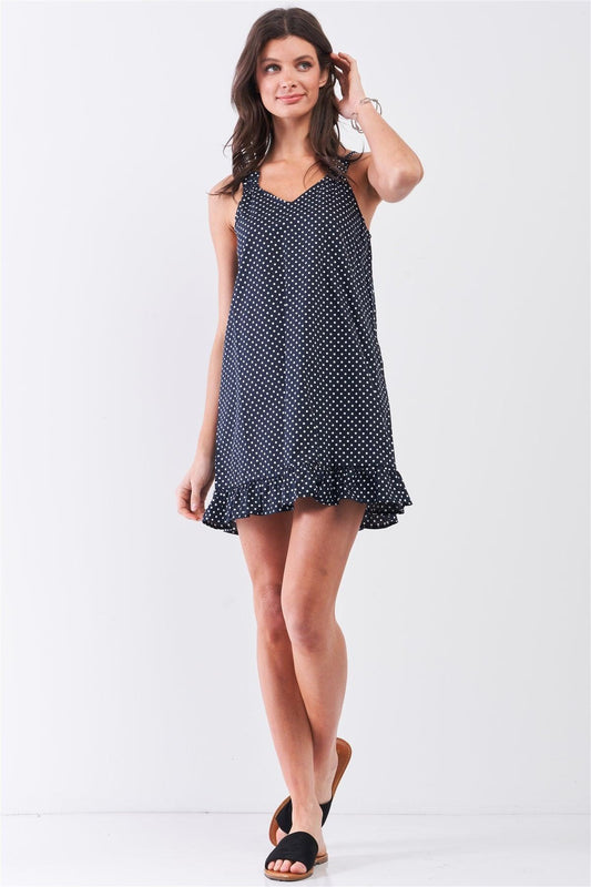 Navy Blue Polka Dot Relaxed Sleeveless Spaghetti Strap V-Neck Ruffle Hem Detail Mini Dress /2-2-2