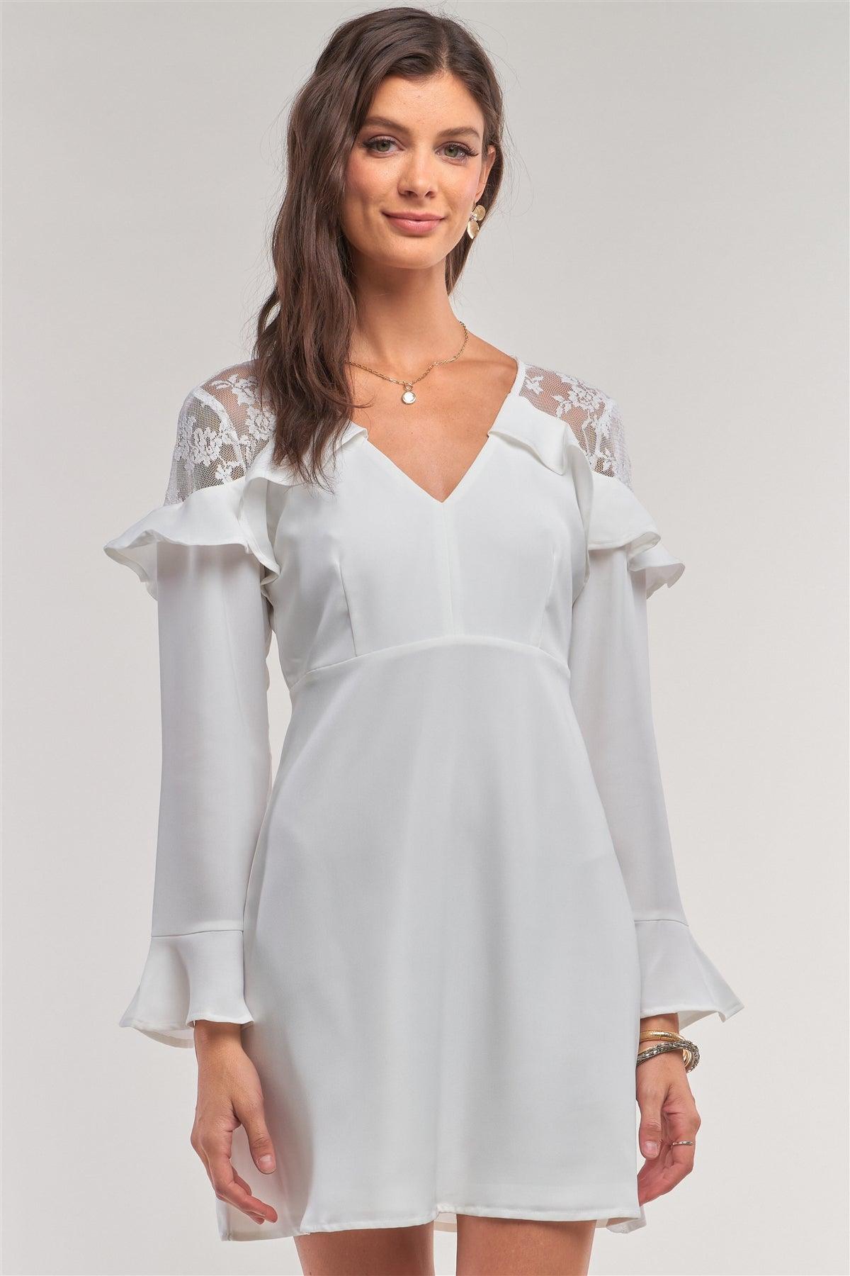 White Long Sleeve V-Neck Ruffle Lace Mesh Embroidery Trim Mini Dress /1-1-3