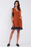 Light Brown Blue Crochet Bottom Hem Sleeveless Deep Plunge V-Neck Loose Fit Mini Dress /1-2-2-1