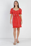 Red Stripe Lace Up Front Detail Ruffle Trim Balloon Sleeve Dress /1-3-2