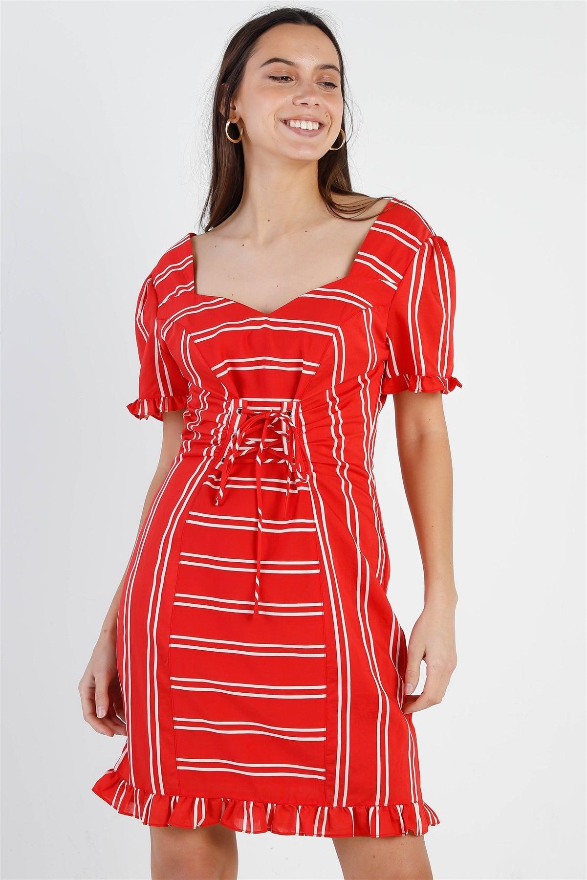 Red Stripe Lace Up Front Detail Ruffle Trim Balloon Sleeve Dress /1-3-2