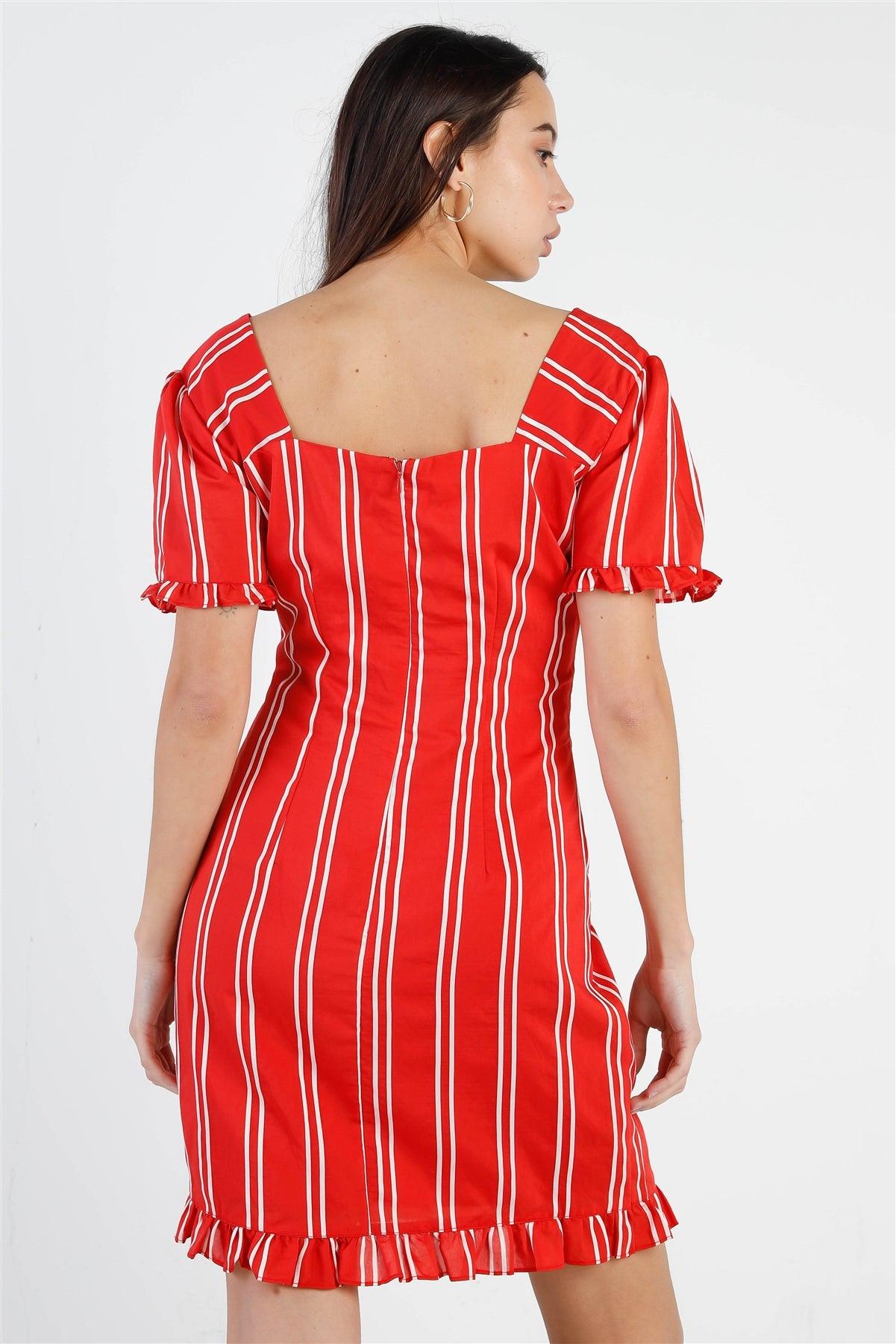 Red Stripe Lace Up Front Detail Ruffle Trim Balloon Sleeve Dress /1-2-2-1