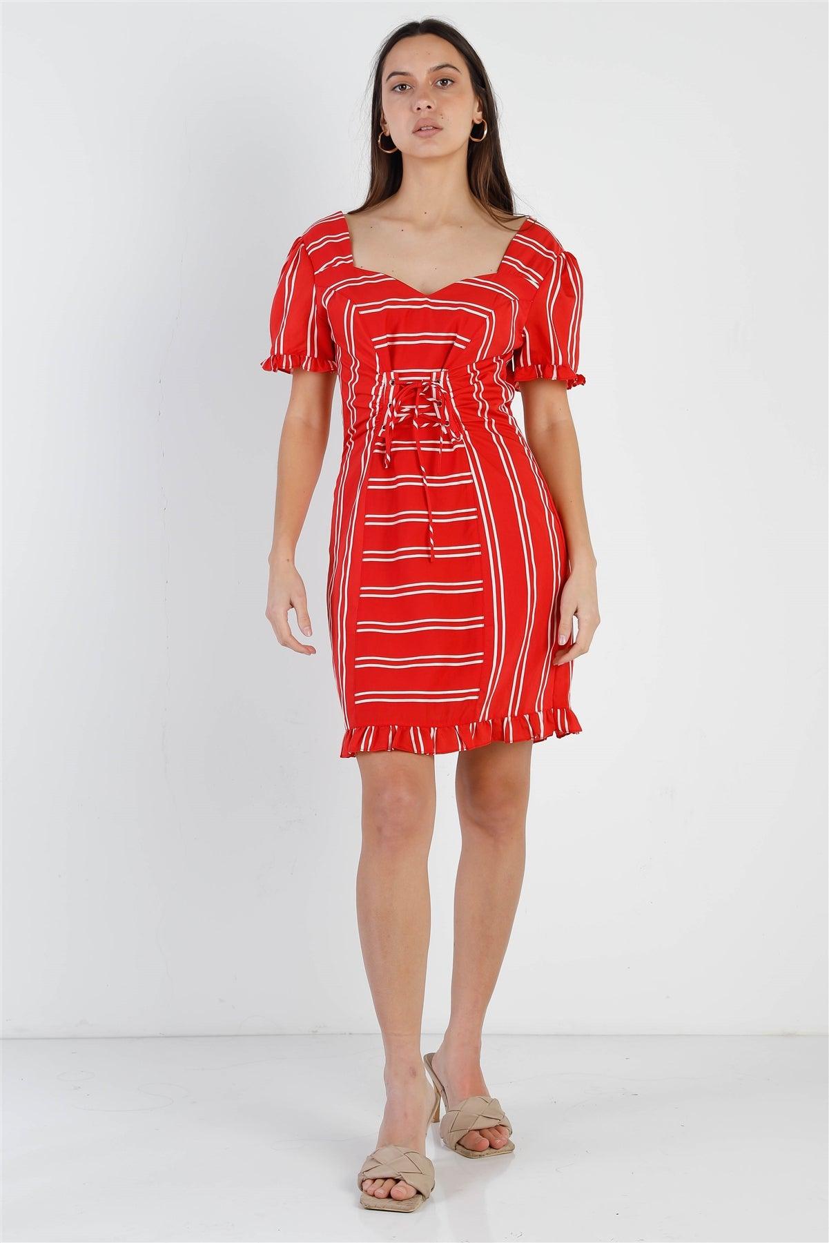 Red Stripe Lace Up Front Detail Ruffle Trim Balloon Sleeve Dress /1-2-2-1