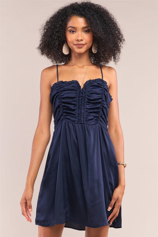 Midnight Blue Satin Sleeveless Gathered Frill Trim Detail Heart-Shaped Neck Mini Dress /1-2-2-1