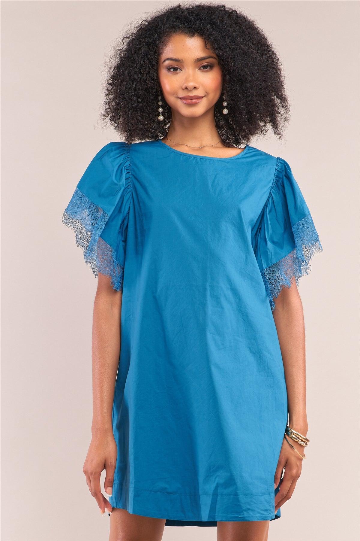 Celestial Blue Relax Fit Lace Hem Wing Sleeve Round  Neck Mini Dress/1-2-2-1