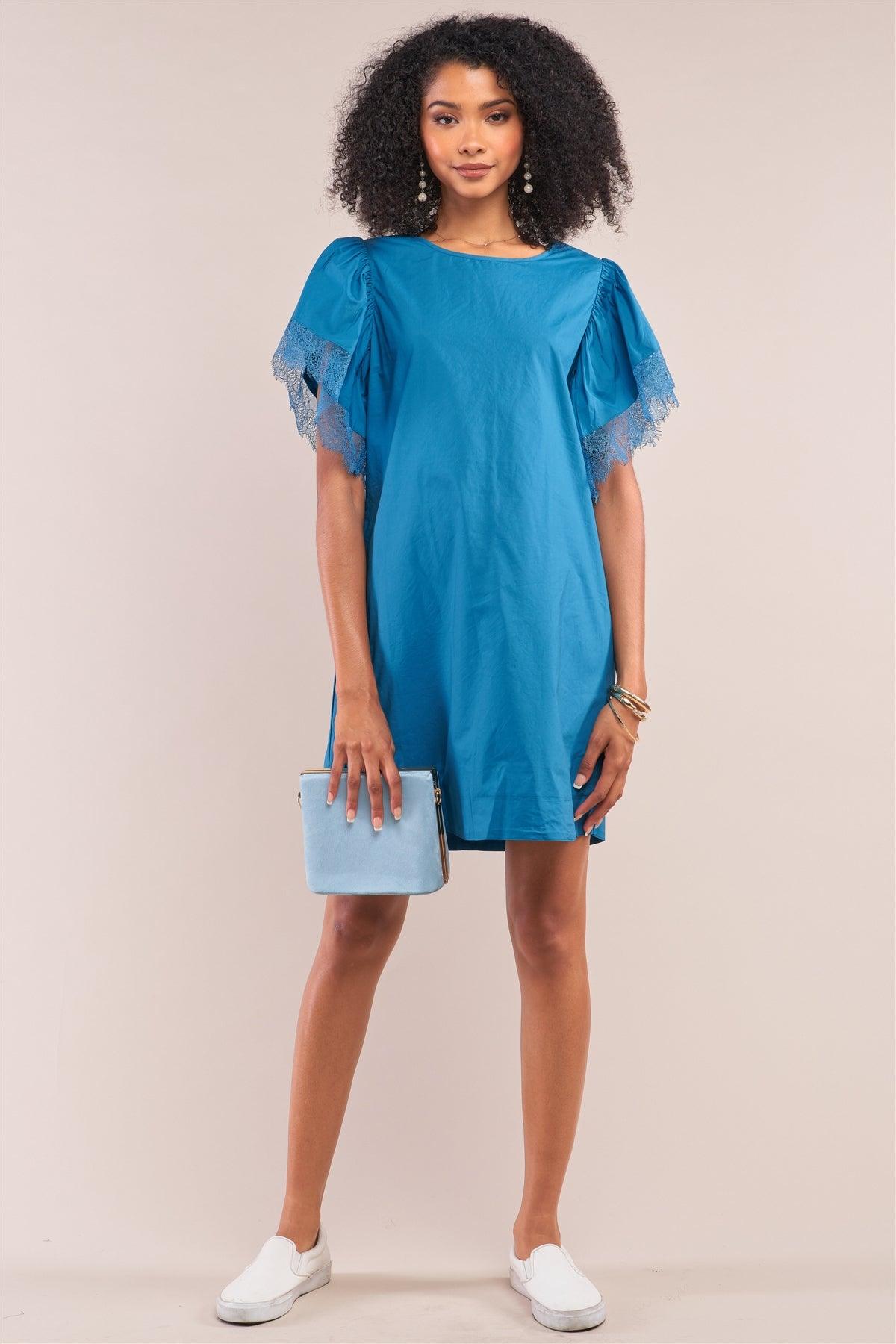 Celestial Blue Relax Fit Lace Hem Wing Sleeve Round  Neck Mini Dress/1-2-2-1