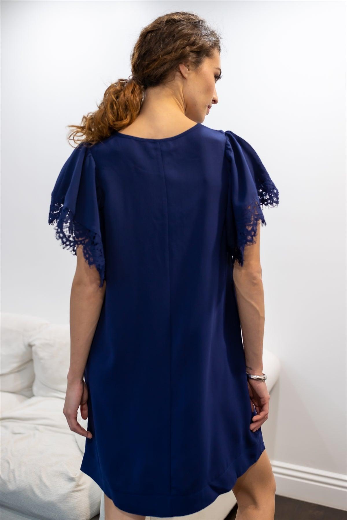 Navy Relax Fit Lace Hem Wing Sleeve Round Neck Mini Dress /2-2