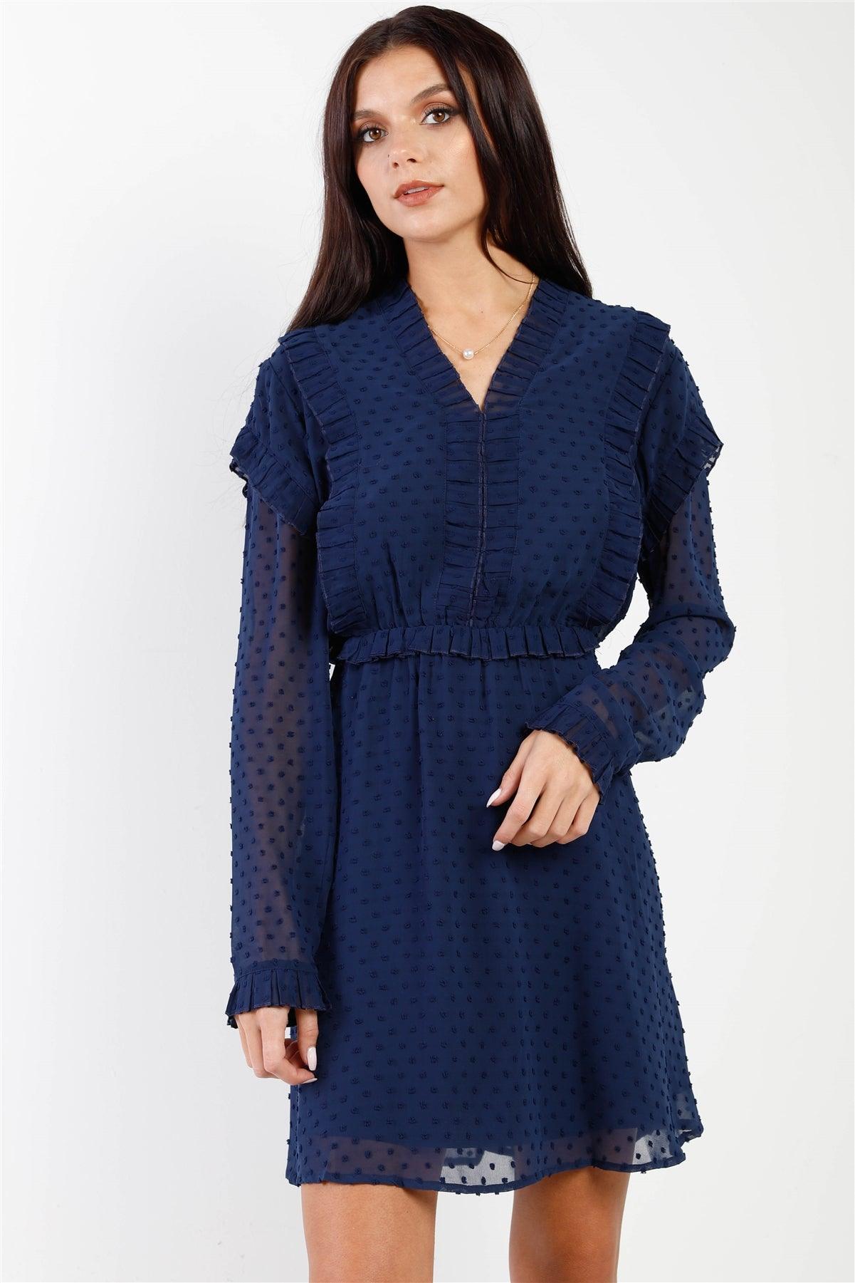 Navy Polka Dot Mesh V-Neck Ruffle Mini Dress /1-2-2-1