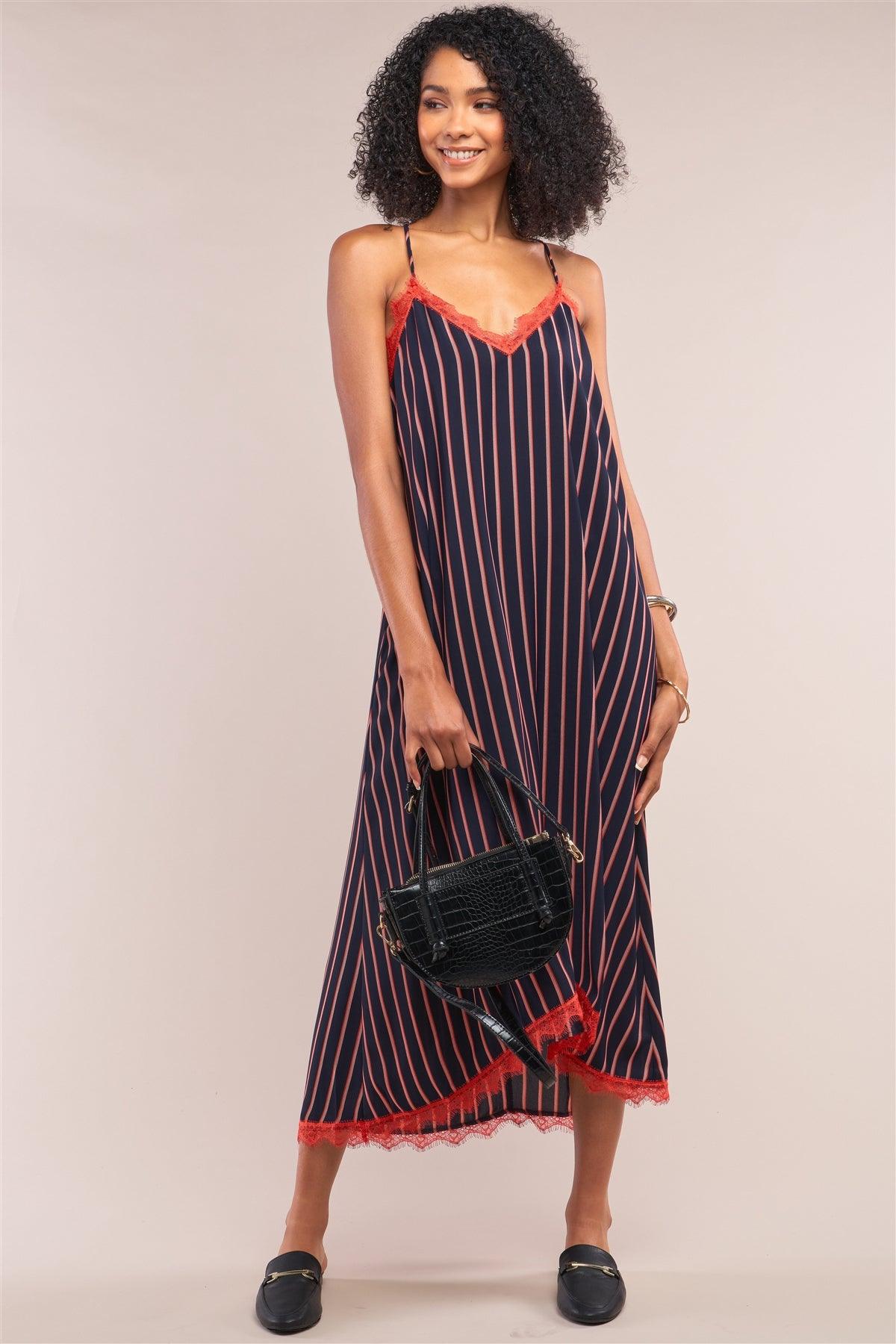 Navy Striped V-Neck Red Lace Trim Racerback Midi Slip Dress /1-2-2-1