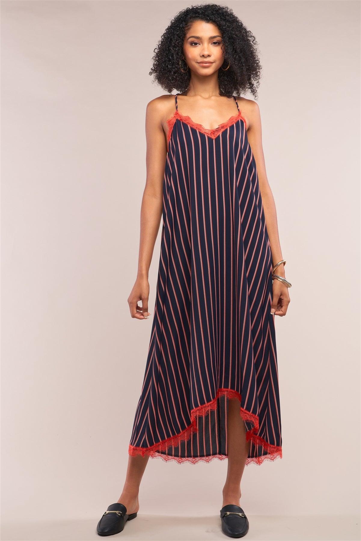 Navy Striped V-Neck Red Lace Trim Racerback Midi Slip Dress /1-2-2-1