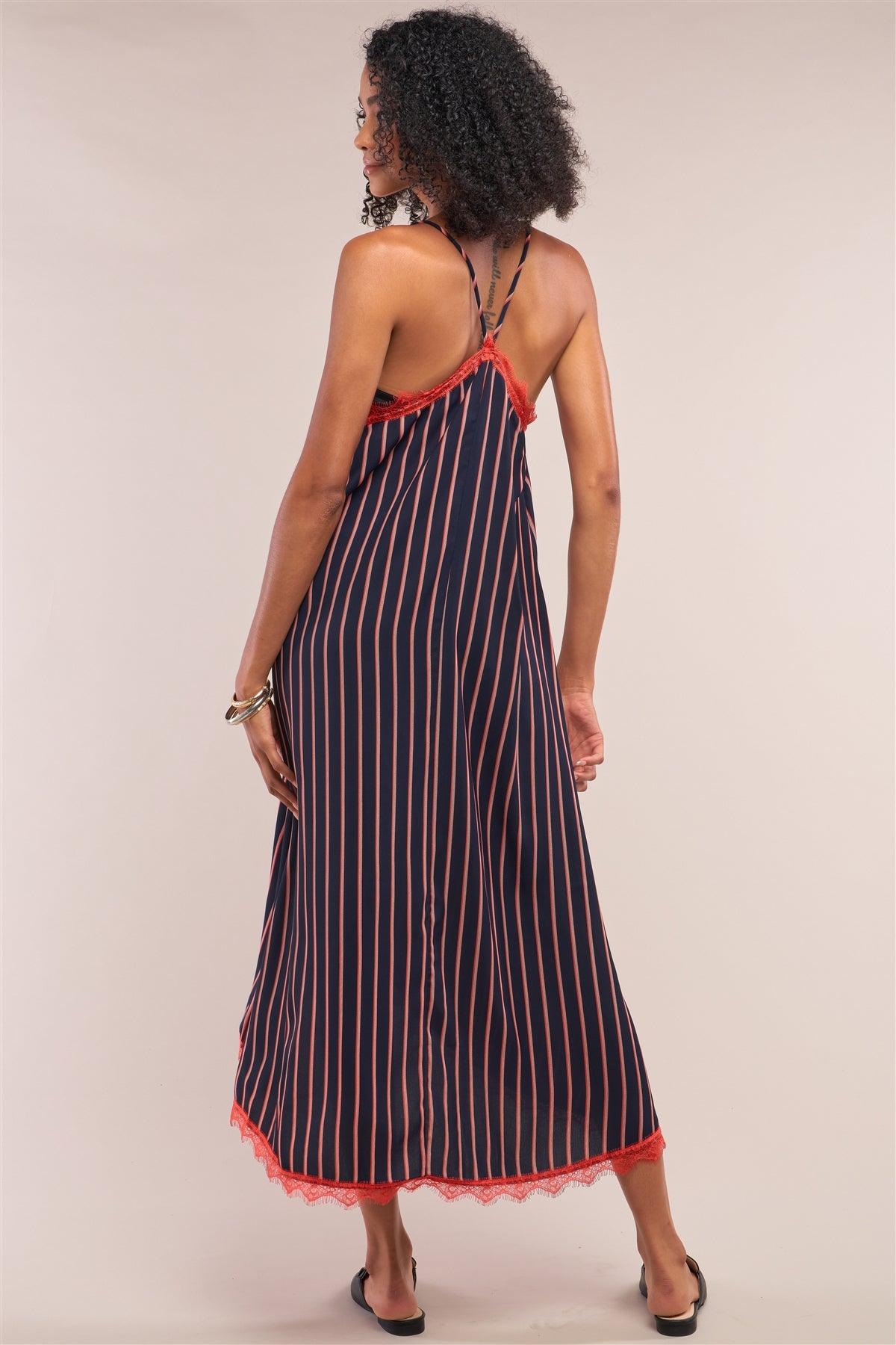 Navy Striped V-Neck Red Lace Trim Racerback Midi Slip Dress /1-2-2-1