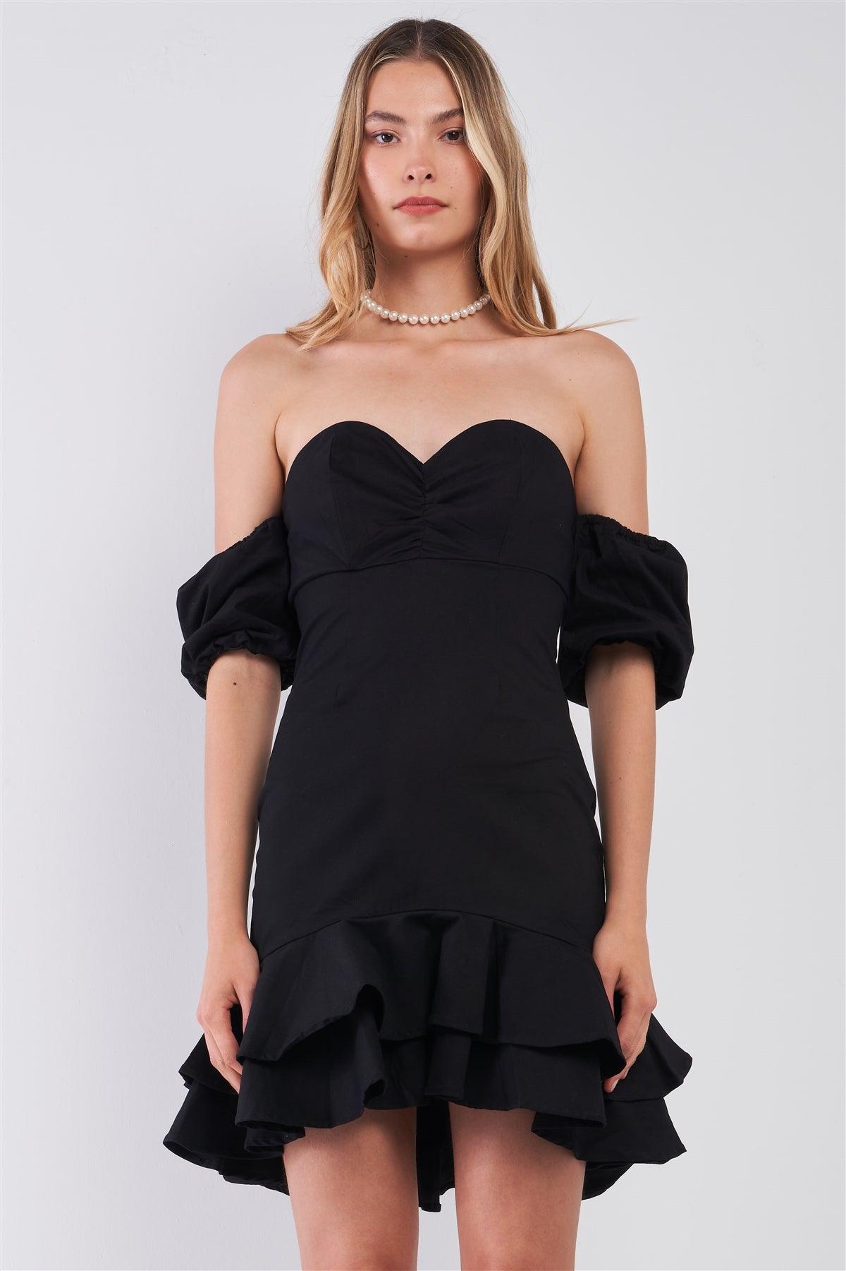 Black Sweetheart Neck Off-The-Shoulder Fitted Layered Flare Mini Dress /2-2-2