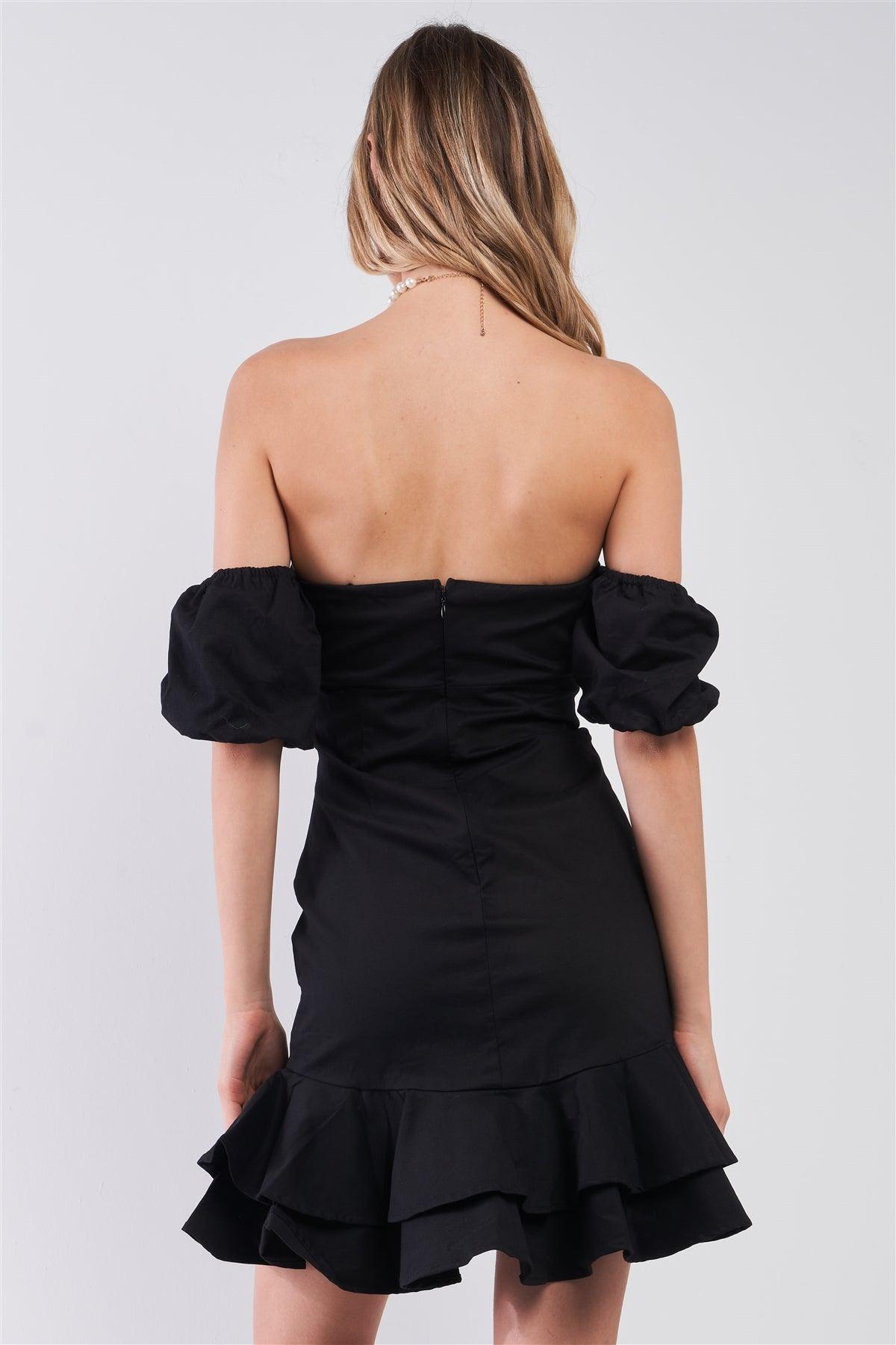 Black Sweetheart Neck Off-The-Shoulder Fitted Layered Flare Mini Dress /2-2-2