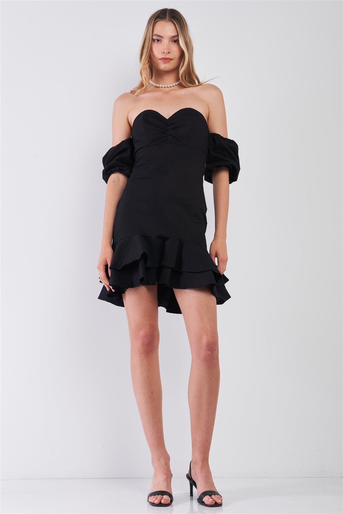 Black Sweetheart Neck Off-The-Shoulder Fitted Layered Flare Mini Dress /2-2-2