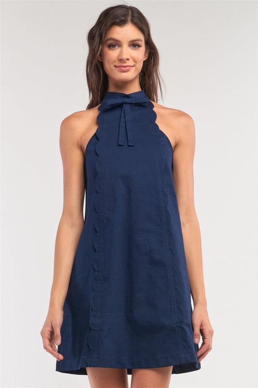 Navy Sleeveless Bow Halter Neck Scallop Hem Detail Denim Mini Dress /1-2-1