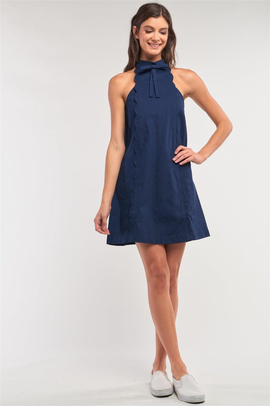 Navy Sleeveless Bow Halter Neck Scallop Hem Detail Denim Mini Dress /1-2-2-1