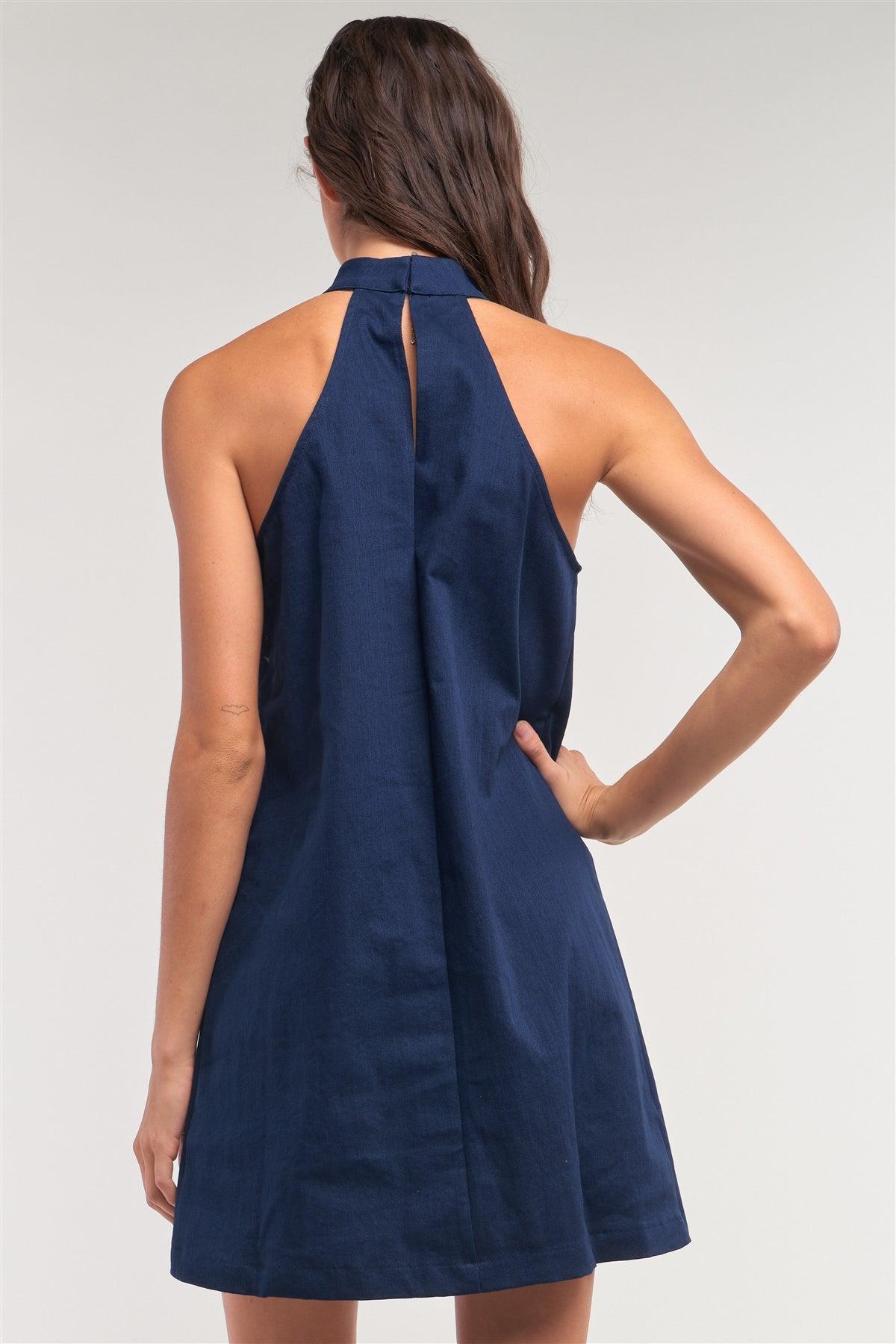 Navy Sleeveless Bow Halter Neck Scallop Hem Detail Denim Mini Dress /1-2-2-1