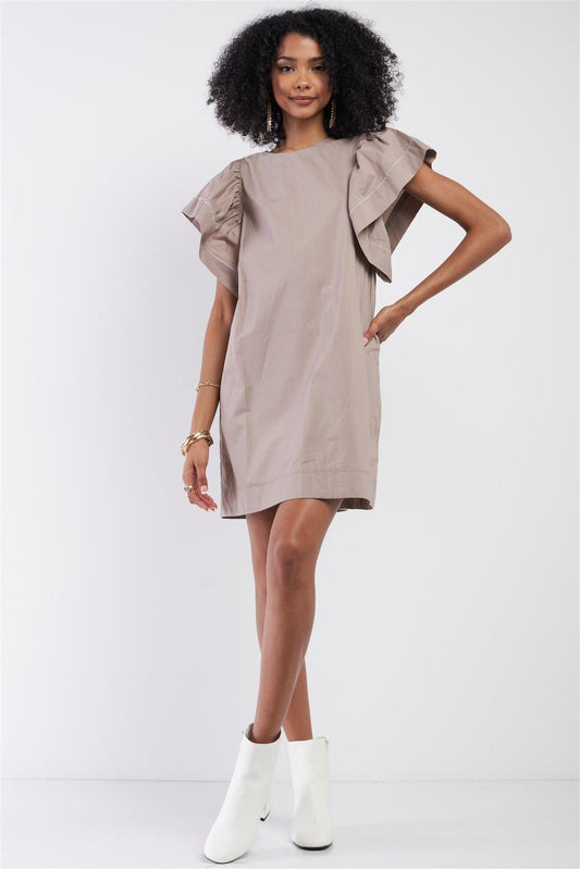 Mocha Relax Fit White Stitch Wing Sleeve Round Neck Mini Dress /3-3