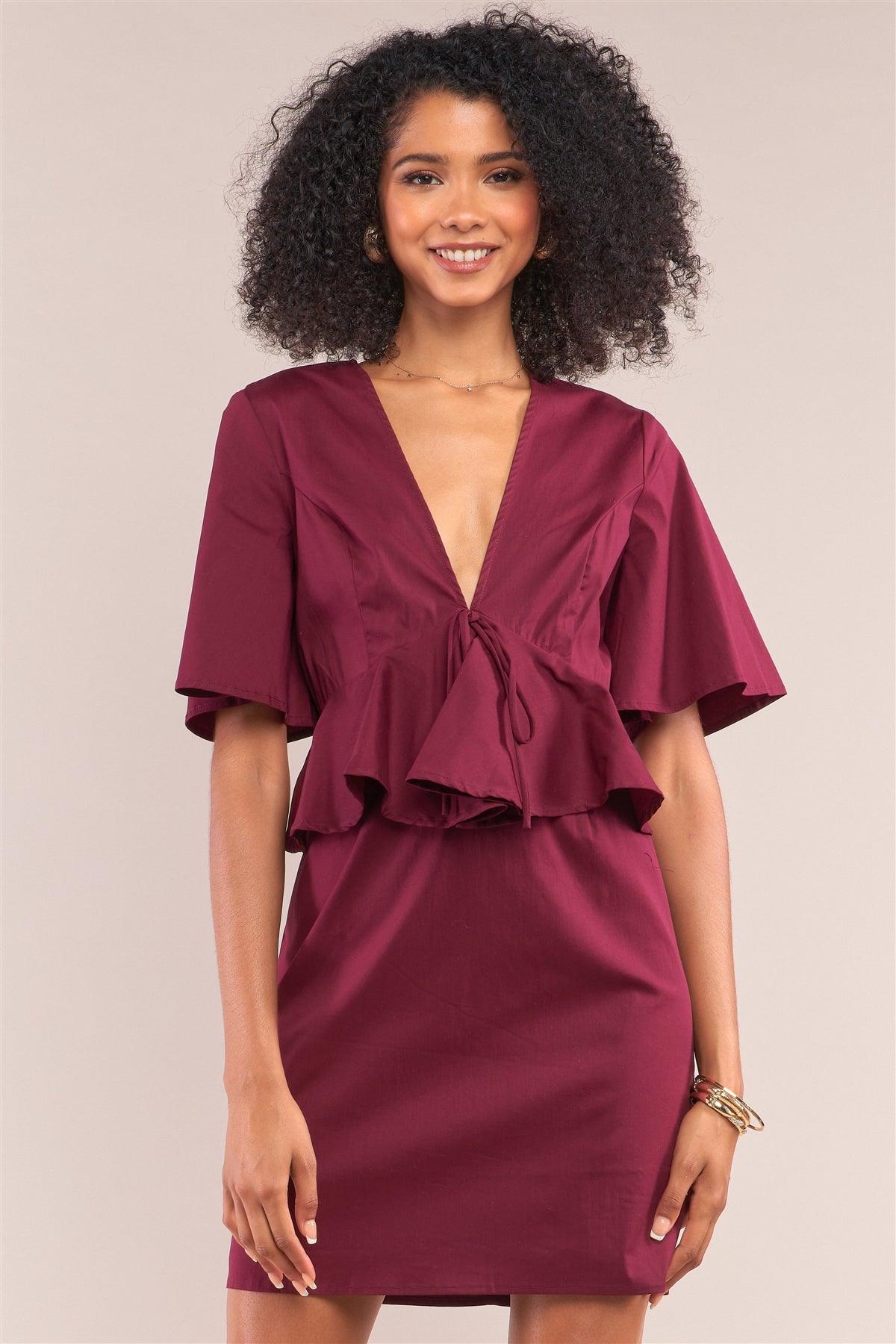 Wine V-Neck Ruffle Midi Angel Sleeve Mini Dress/ 1-2-2-1