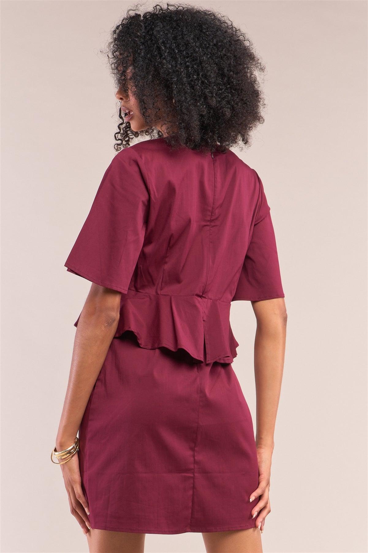 Wine V-Neck Ruffle Midi Angel Sleeve Mini Dress/ 1-2-2-1