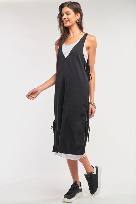 Black&White Satin Sleeveless Two-In-One Striped Mesh Self-Tie Detail Slip Midi Dress /1-1-2