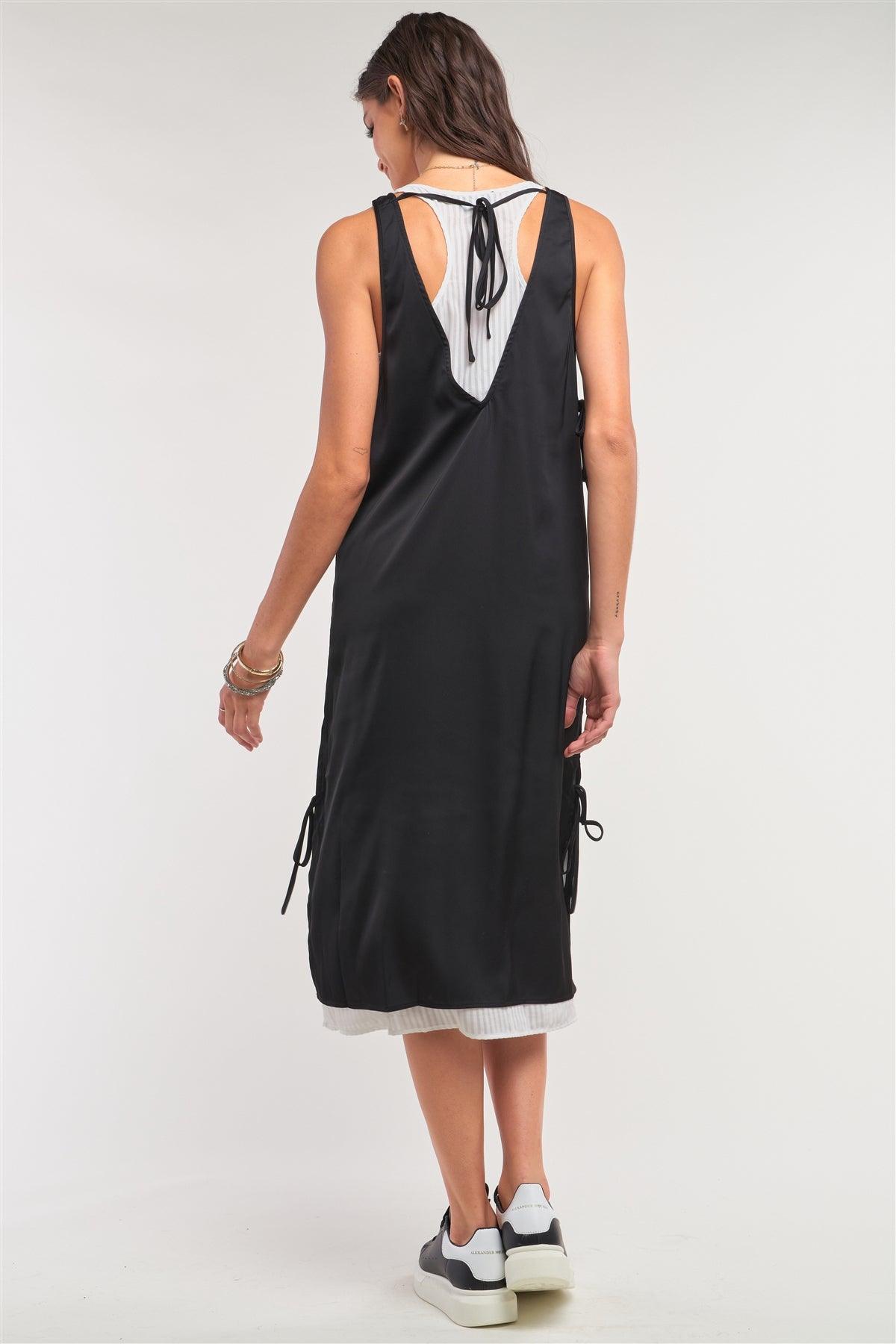 Black&White Satin Sleeveless Two-In-One Striped Mesh Self-Tie Detail Slip Midi Dress /1-2-2-1