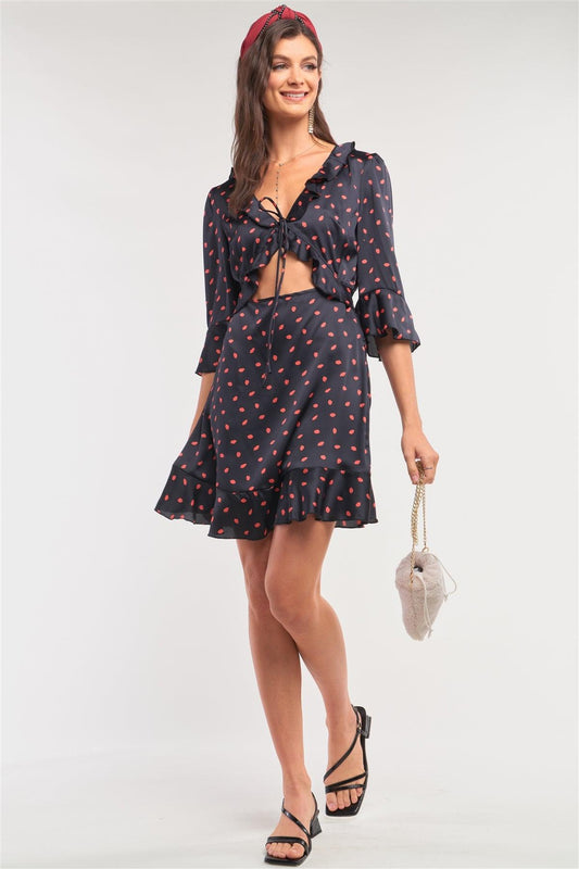 Black Satin Red Lips Print Flare Hem V-Neck 3/4 Sleeve Self-Tie Front Cut Out Detail Mini Dress /1-2-2-1