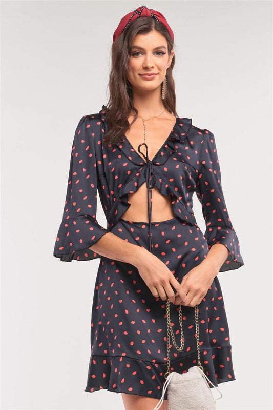 Black Satin Red Lips Print Flare Hem V-Neck 3/4 Sleeve Self-Tie Front Cut Out Detail Mini Dress /3-3