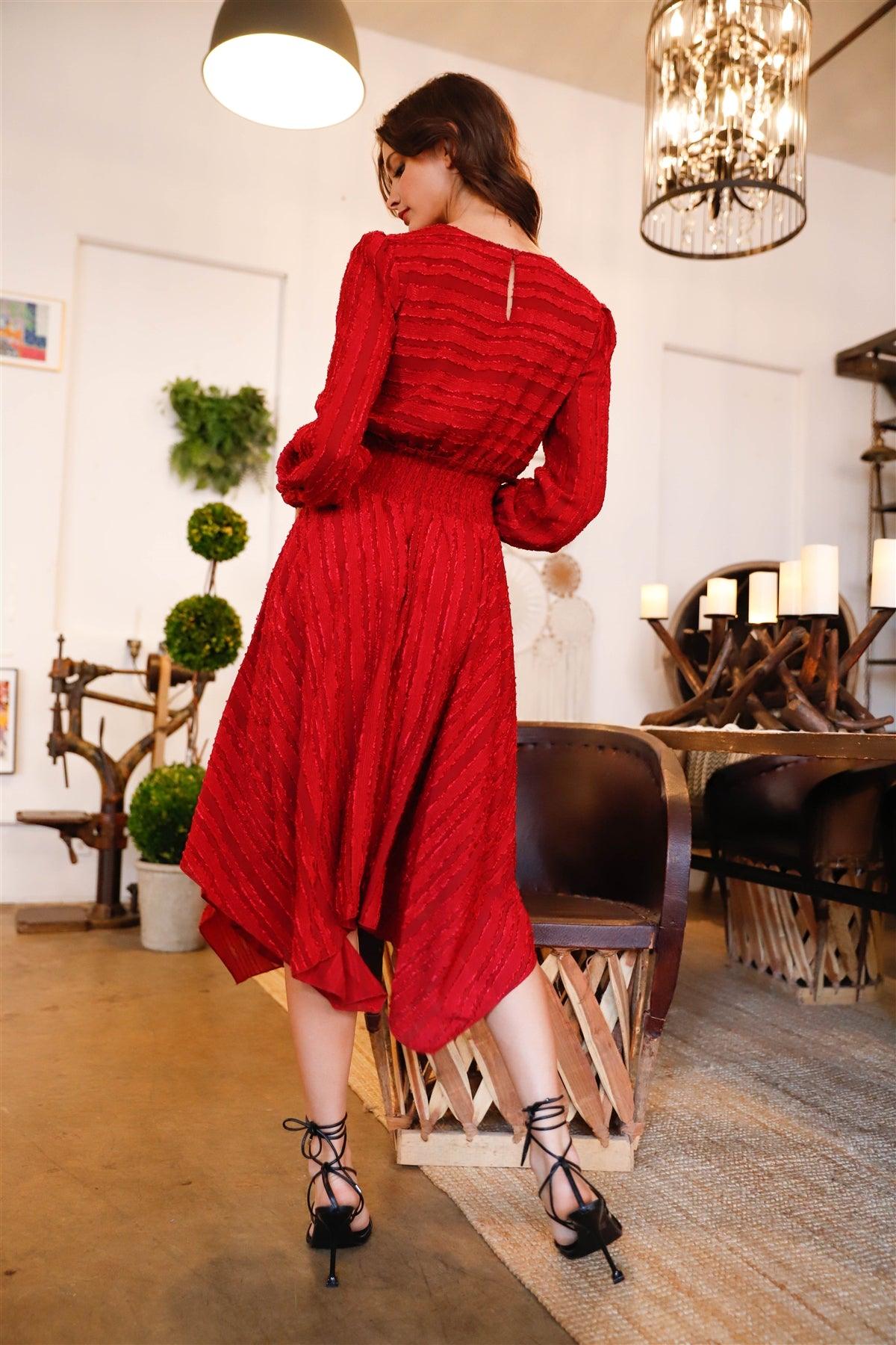 Burgundy Striped Textured Smocked Waist Uneven Hem Midi Dress /1-2-1