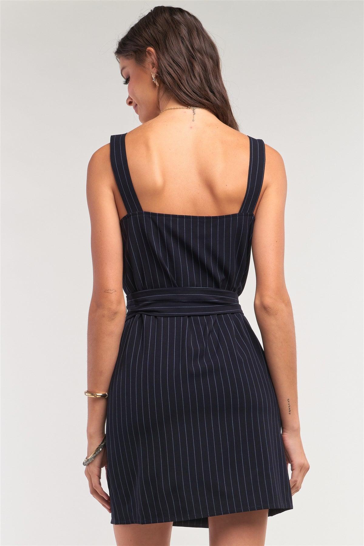 Navy Pinstriped Sleeveless Square Neck Double Breasted Self-Tie Belt Detail Fitted Mini Dress /1-2-2-1