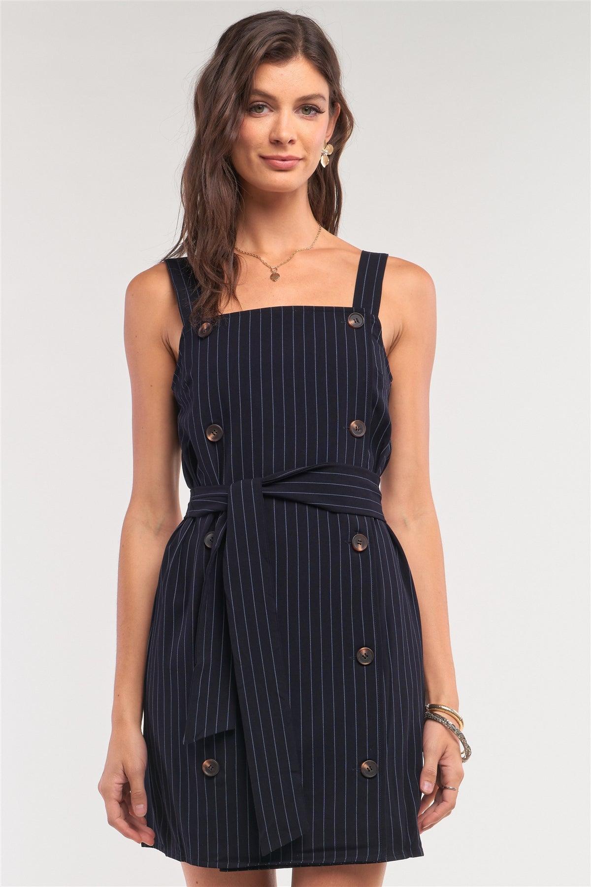 Navy Pinstriped Sleeveless Square Neck Double Breasted Self-Tie Belt Detail Fitted Mini Dress