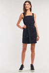 Navy Pinstriped Sleeveless Square Neck Double Breasted Self-Tie Belt Detail Fitted Mini Dress /3-3