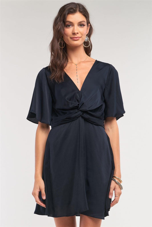 Jade Black Satin Plunging Neckline Gathered Twist Detail Front Angel Sleeve Mini Dress /1-2-2-1