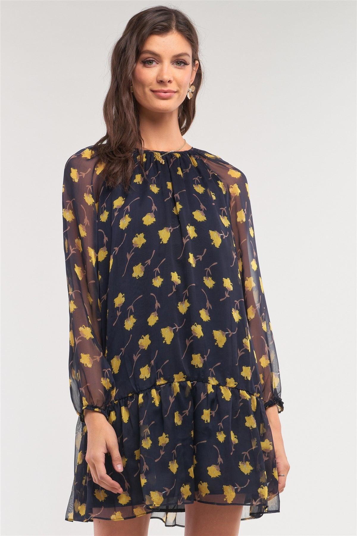 Navy Yellow Flower Print Relaxed Fit Mesh Flare Hem Crew Neck Long Balloon Sleeve Mini Dress/2-1-2