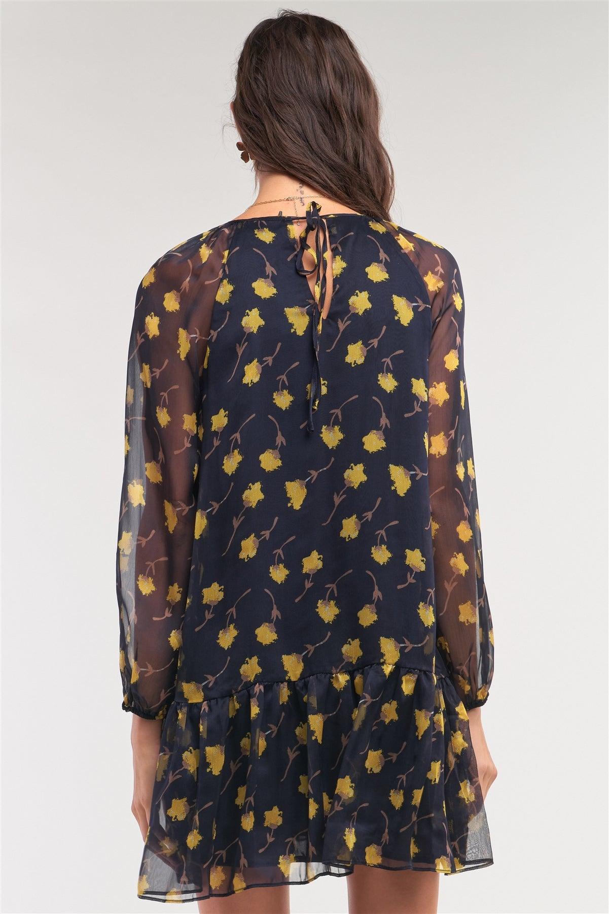 Navy Yellow Flower Print Relaxed Fit Mesh Flare Hem Crew Neck Long Balloon Sleeve Mini Dress/2-1-2