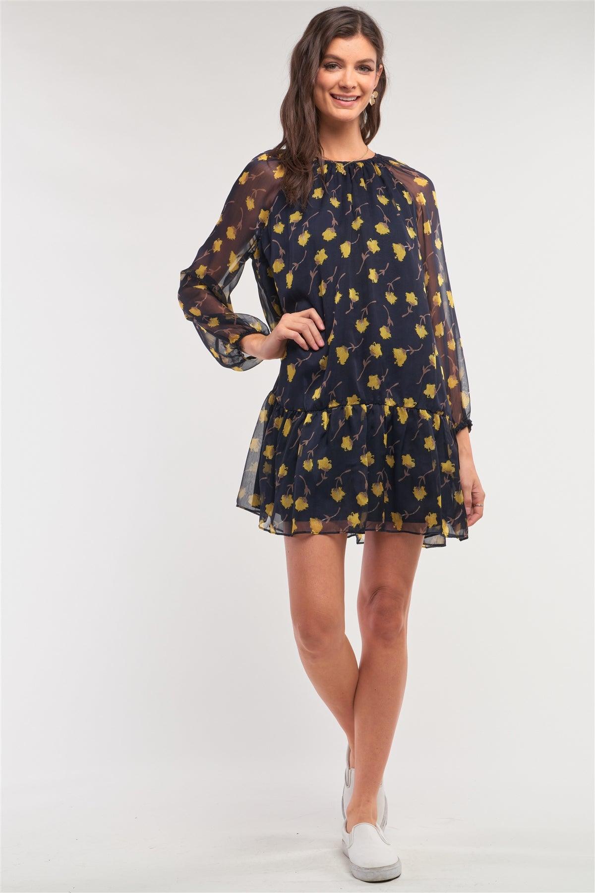 Navy Yellow Flower Print Relaxed Fit Mesh Flare Hem Crew Neck Long Balloon Sleeve Mini Dress/2-1-2